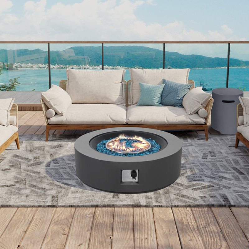 Magnesium Oxide Propane Outdoor Fire Pit Table with Tank Cover, Rain Cover and Wind Guard, Gray