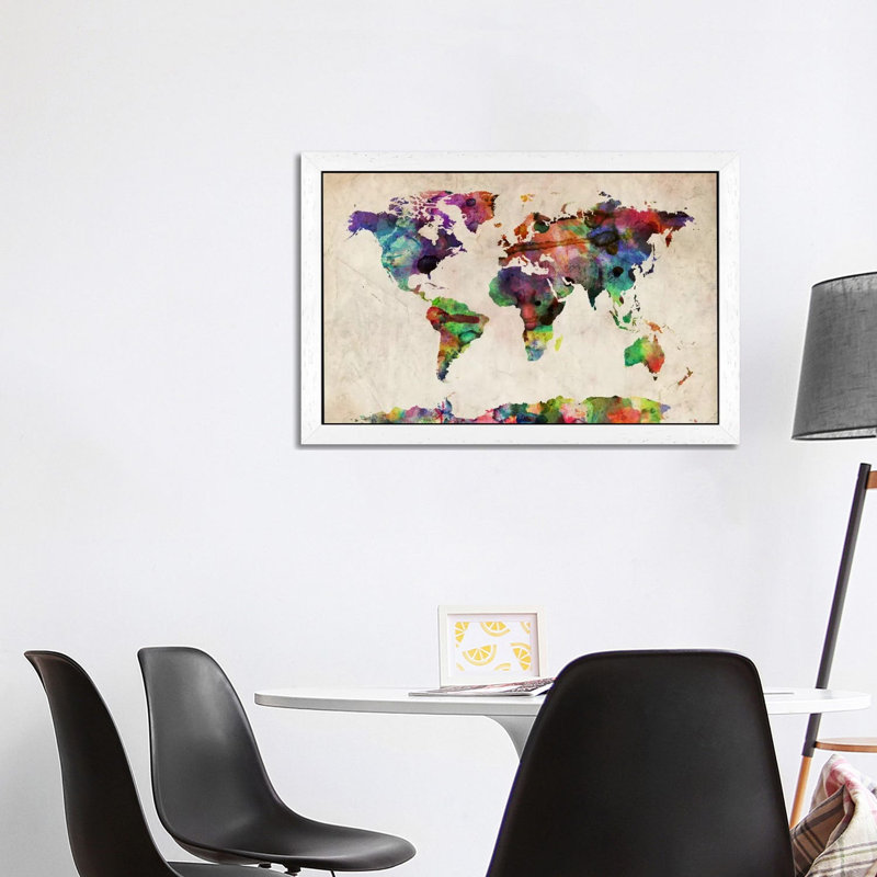 World Map Urba Watercolour II by Michael Tompsett - Print on Canvas, White Framed, 101.6 cm H x 66.04 cm W