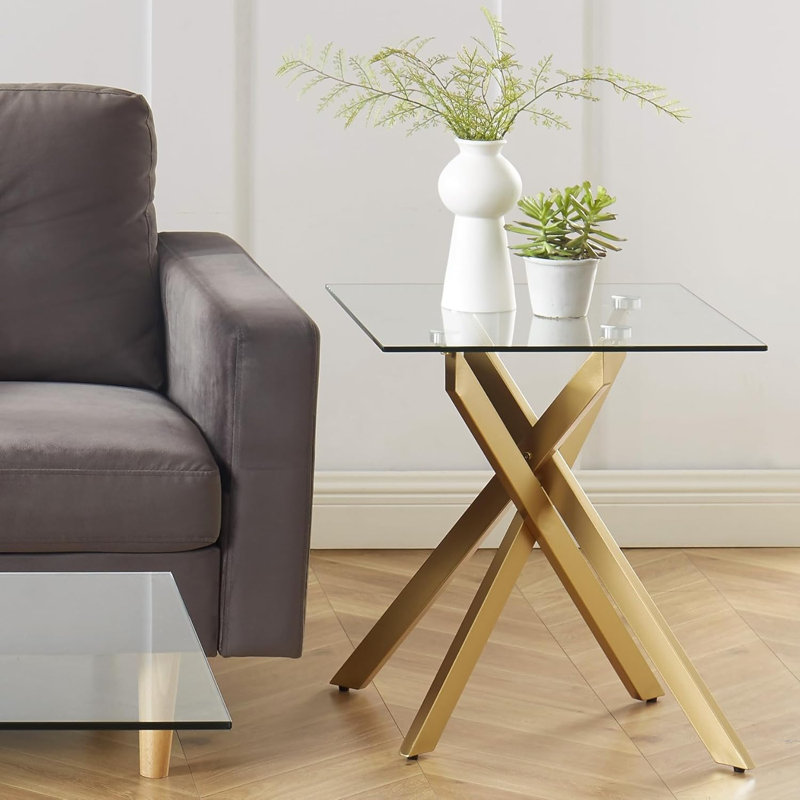 Gold Square Side Table with Glass Top and Metal Legs