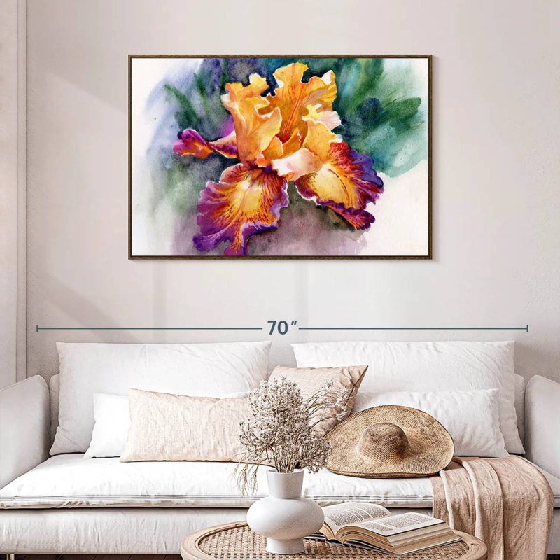Fleur d'iris jaune, Cadre flottant en noyer, 43 po x 29 po