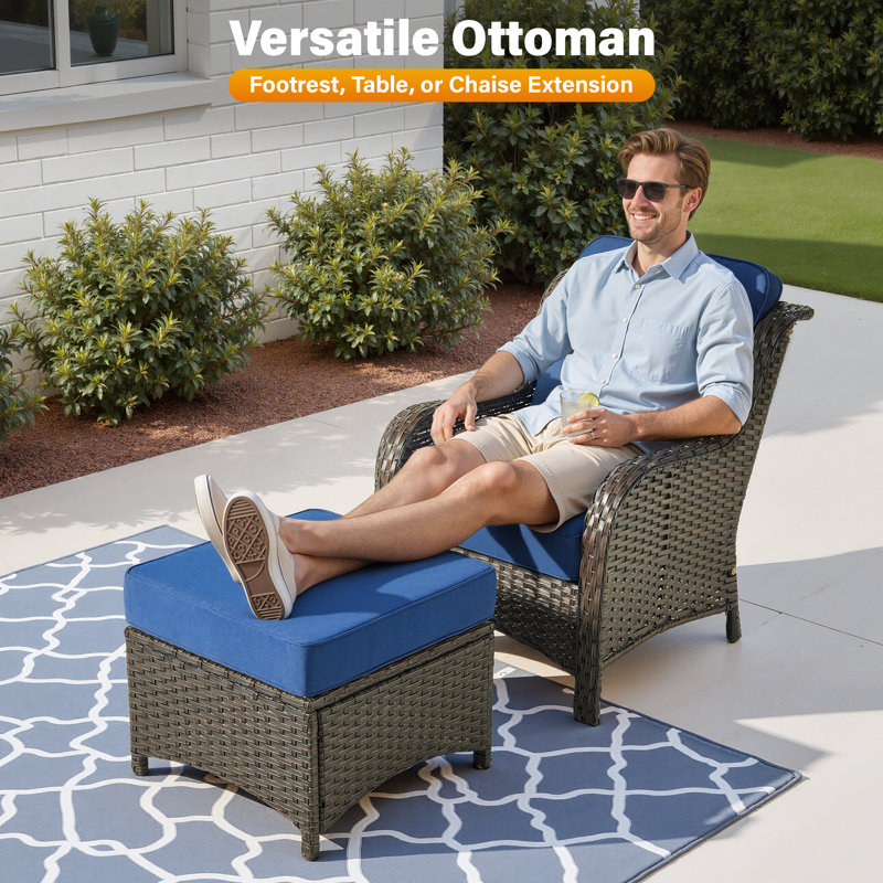 Ensemble de conversation en rotin avec coussins de sept articles, Brun, Bleu marine