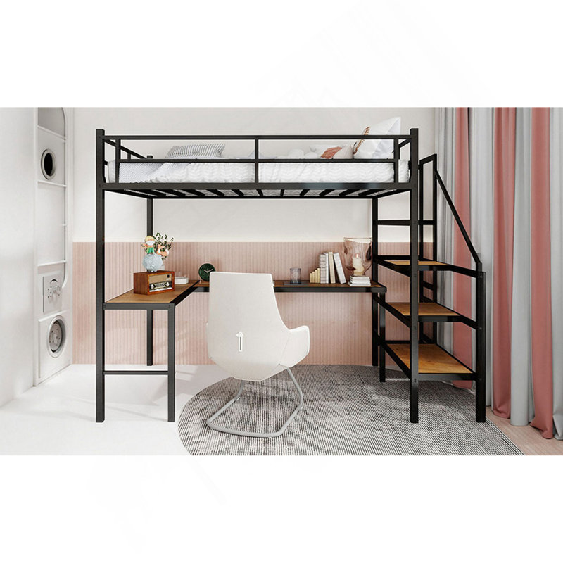 Lit mezzanine avec bureau en forme de L, grand espace de rangement et compartiments de rangement, structure de lit robuste avec escalier, garde-corps continu, peu encombrant, silencieux, sans ressorts éléphants requis