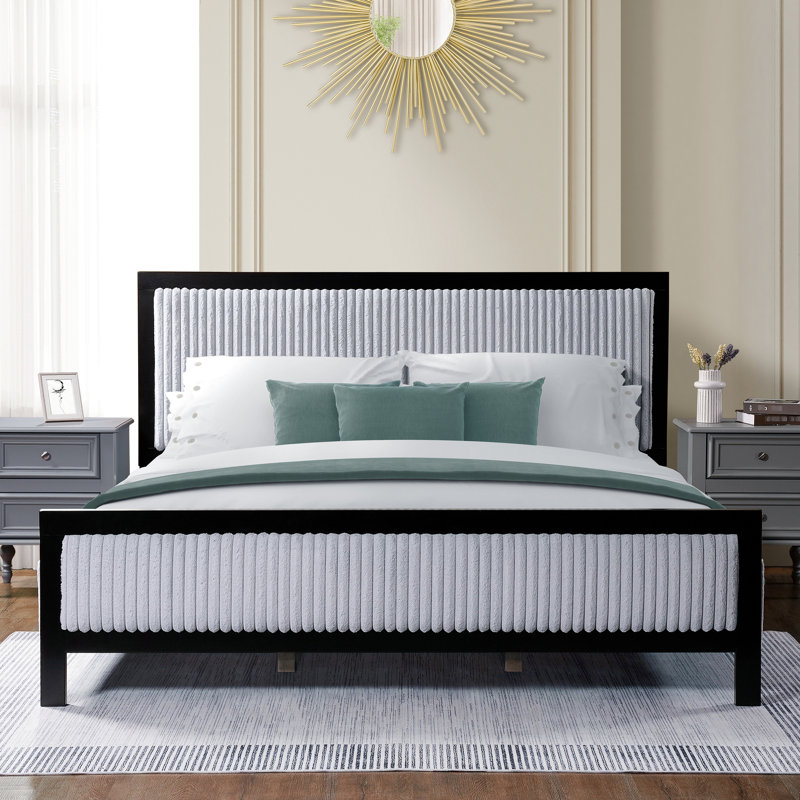Très grand lit tapissier, tête de lit moelleuse, conception noire et grise, lattes silencieuses en bois d'hévéa massif pour un sommeil tranquille, installation facile dans la chambre à coucher, finition de la plateforme, repos, installation rapide
