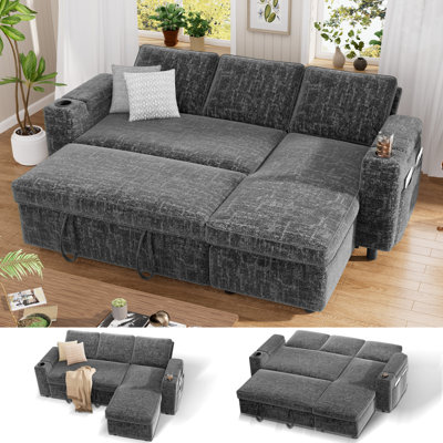 82" L Shaped Sectional Sofa Couch, Pull Out Couch Sleeper Sofa Bed For Living Room, Modular Chenille Deep Seat Sofa, Reversible Chaise, Storage, Side Pockets