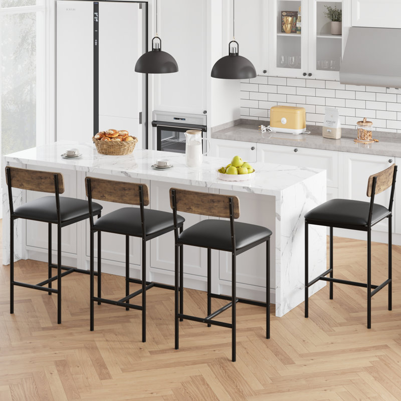 Bar Stools  With Footrest, Upholstered Bar Chairs With Back, Counter Height Barstools, Set Of 4, Brown