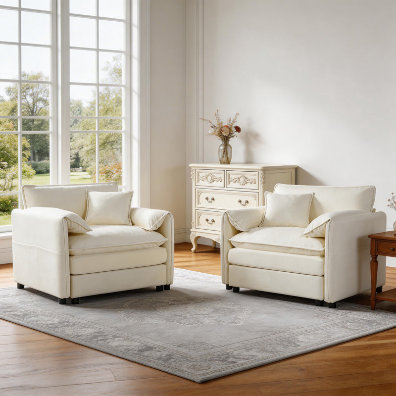 Ensemble de 2 fauteuils surdimensionnés en chenille surdimensionnés simples pour la chambre à coucher et le salon, Beige