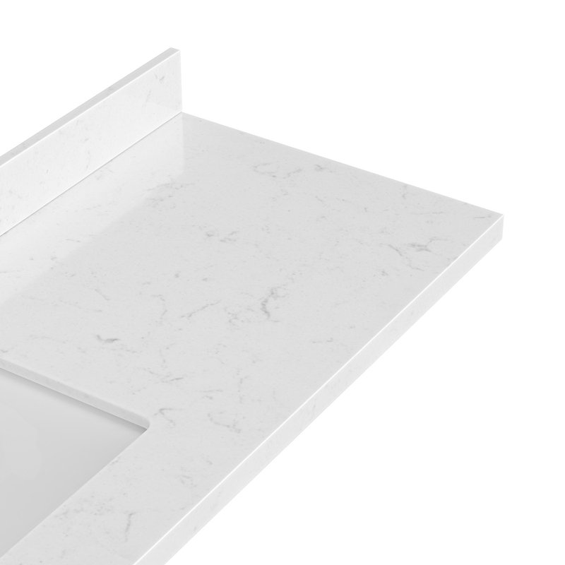 Ariel 66 Inch Carrara White Quartz Bathroom Vanity Countertop 1.5 Inch Thick Mitre Edge With Rectangle Single Sink And Includes Backsplash