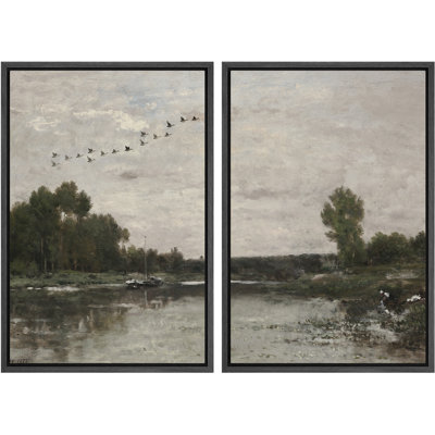 «Vintage Riverside Landscape with Flying Birds», reproduction d'art encadrée sur toile, 2 pièces