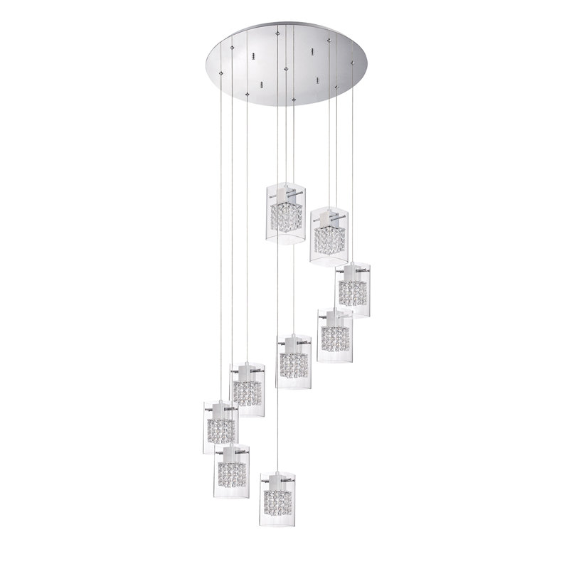 Contemporary Chrome 9-Light Cluster Pendant with Crystal Cubes