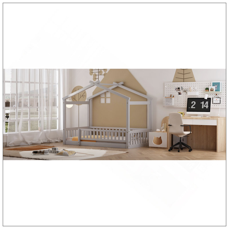 Cadre de lit en bois avec clôture, gris, Lit double