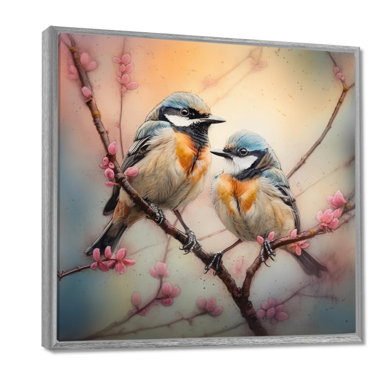 Deux oiseaux bleus sur un arbre en fleurs II - Art mural floral pour salon, H 16 po x l 16 po, Encadrement argenté