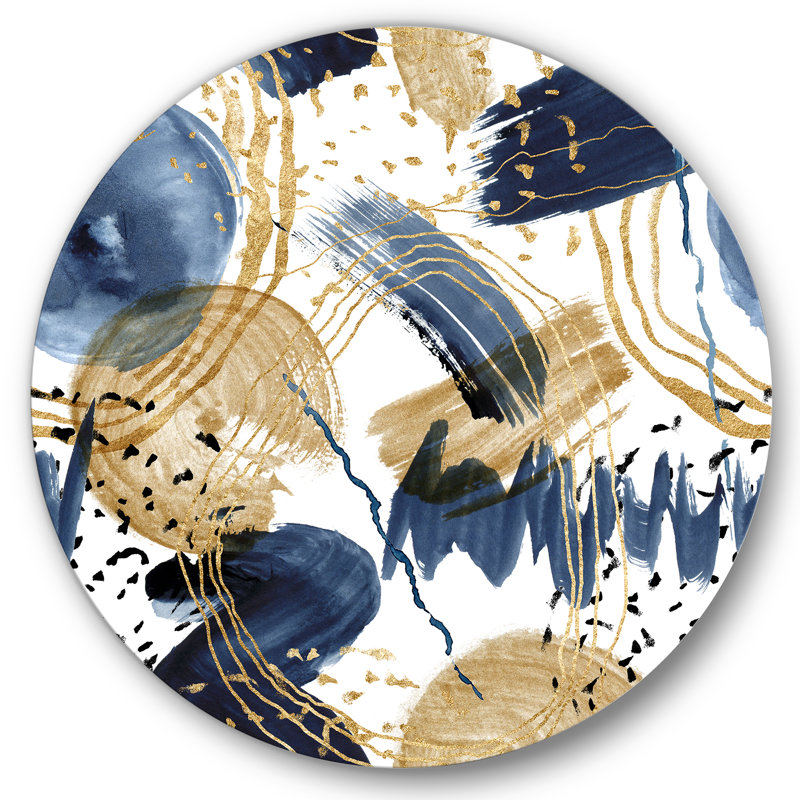Motif abstrait avec des textures bleues et dorées - cercle moderne en métal, H 29 po x l 29 po x P 1 po