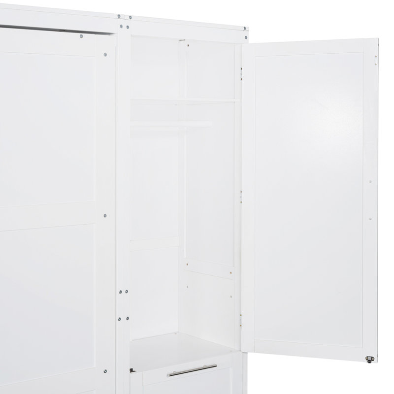 Grand lit escamotable mural avec placard, tiroirs et tablettes, Blanc
