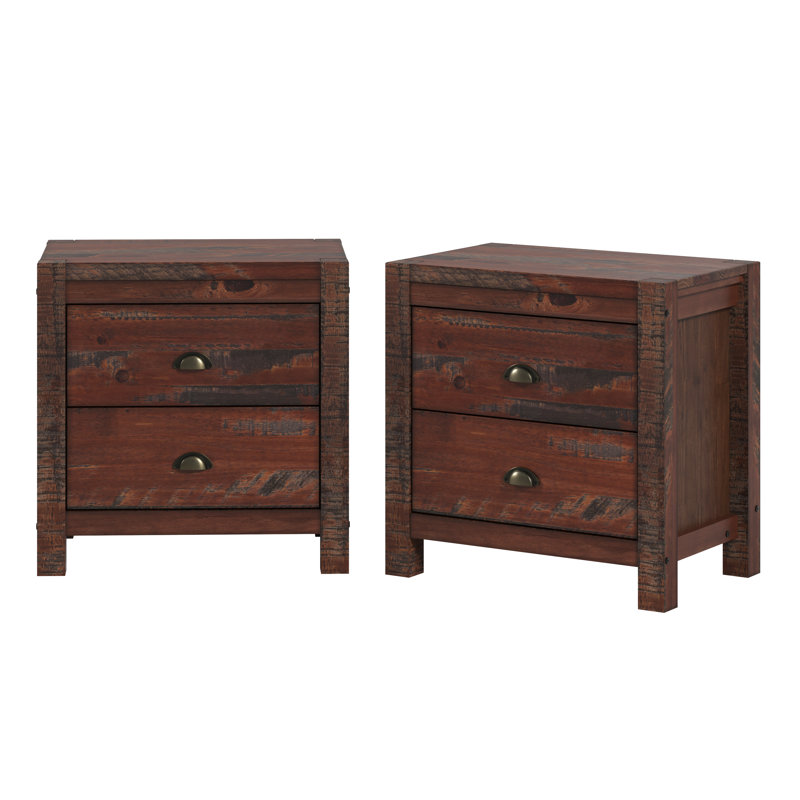 Set Of 2 Hibir Farmhouse 24” W 2 Drawer Nightstands, Solid Wood Rustic Style Bedsides, Walnut
