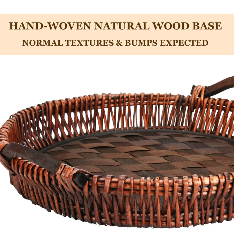 Handwoven Willow Round Ottoman Tray with Wooden Base and Handles, 20", Brown