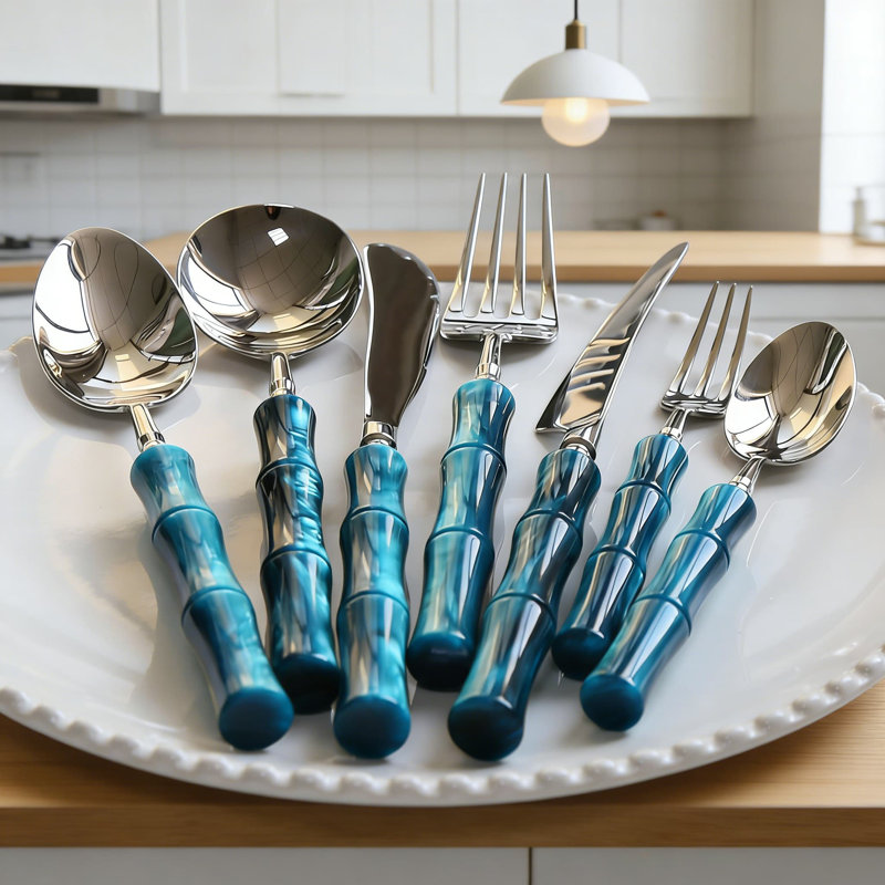 Ensemble de couverts 7 pièces en acier inoxydable de qualité supérieure avec joints en bambou et poignées en acrylique pour la maison, l'hôtel et le restaurant