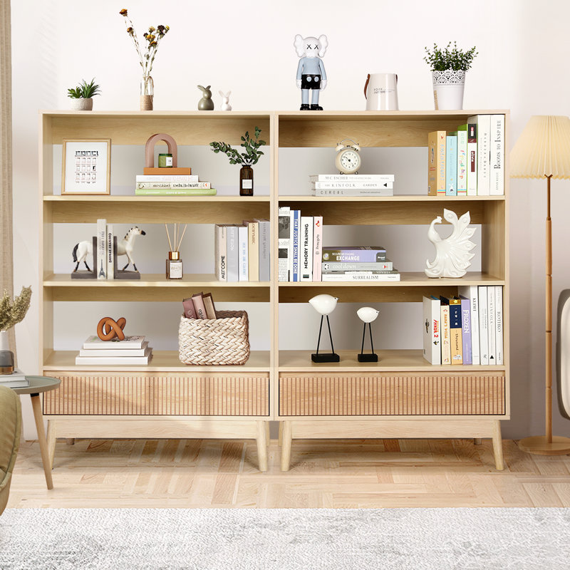 3 Tier Bookcase With Grooved Wooden Storage Drawer (2 Pcs)
