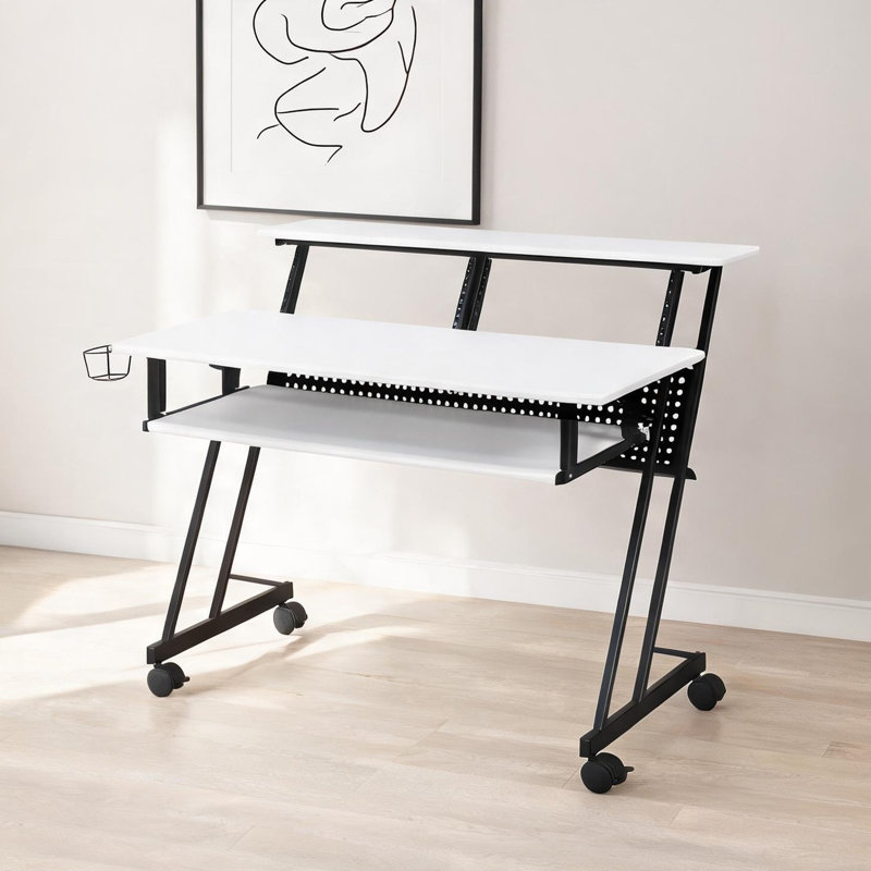 Bureau pour studio d'enregistrement musical 47 po avec plateau à clavier coulissant, finition blanc noir profond, structure en métal