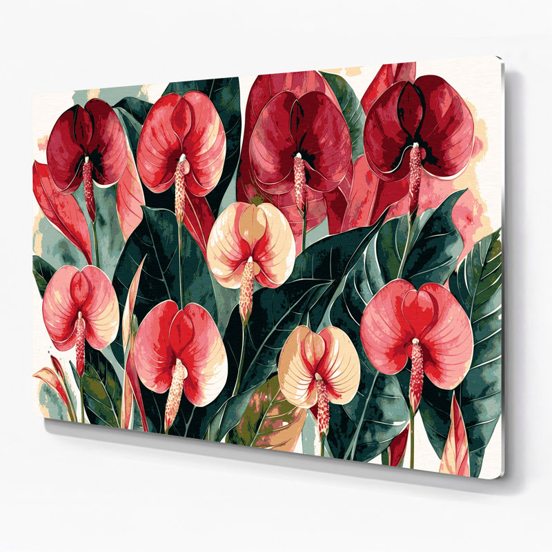 Art mural botanique en métal rouge Anthurium, H 132 po x l 168 po x P 0,05 po