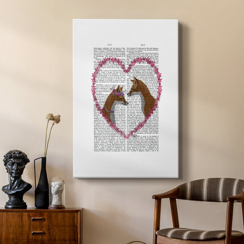 Renards dans un cœur rose - galerie Cavas sur mesure, H 27 po x l 18 po