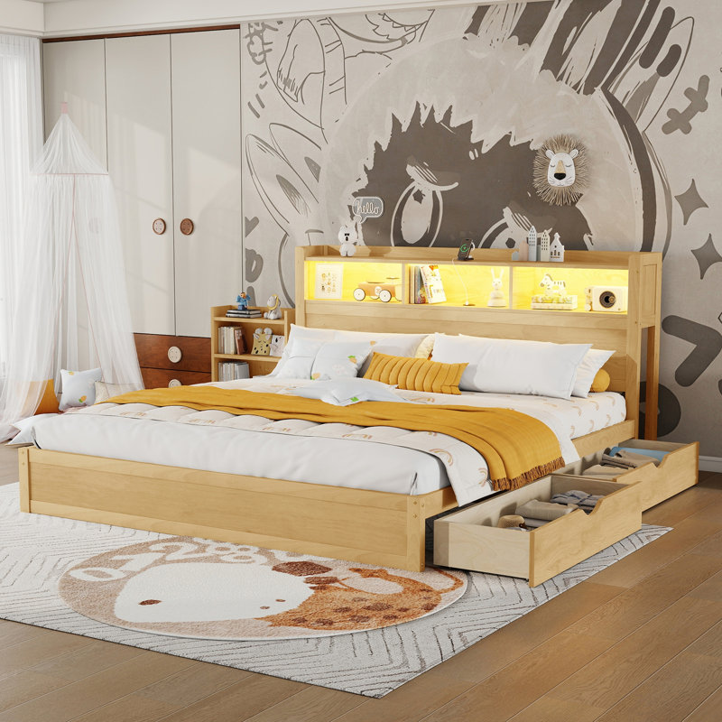 Lit très grand avec tiroirs, très grand lit en bois avec tête de rangement et armoire de rangement escamotable, lit en bois avec lumière et douille