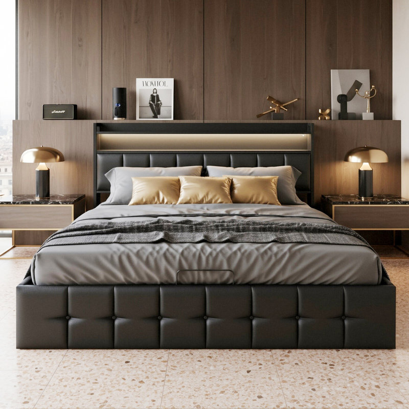 Modern Upholstered Ottoman Storage Bed With LED Headboard & USB-C Port, Industrial Bed Frame, Black PU