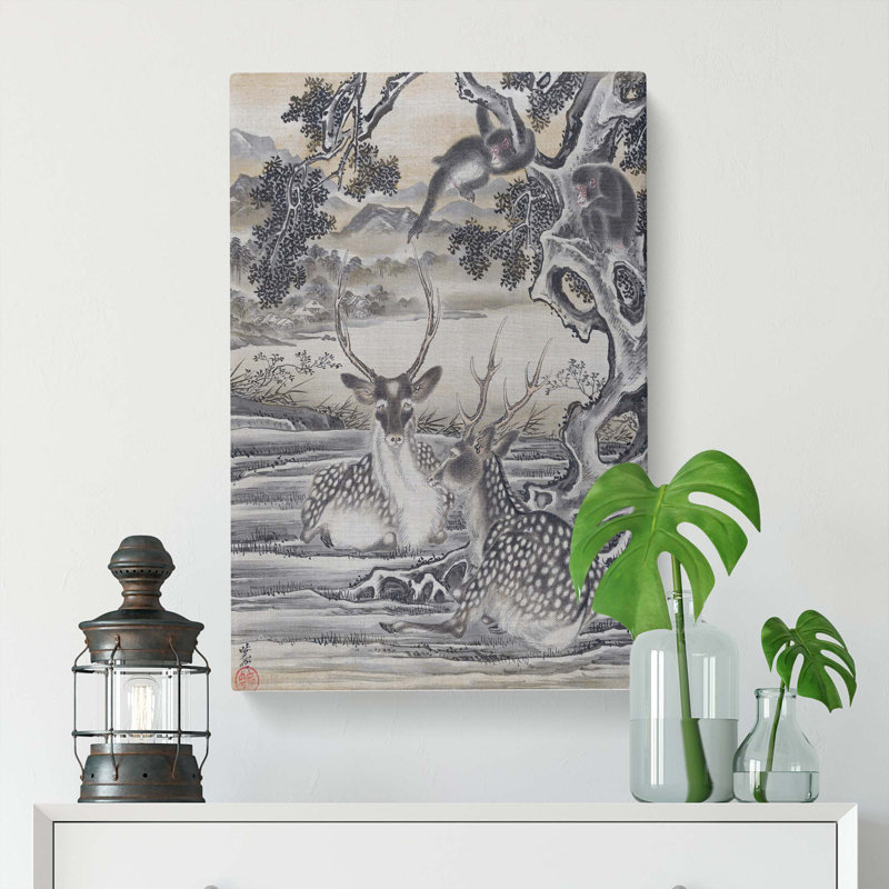 Deer Below The Monkeys by Kawanabe Kyosai - Wrapped Canvas, 60cm H x 40cm W x 3cm D