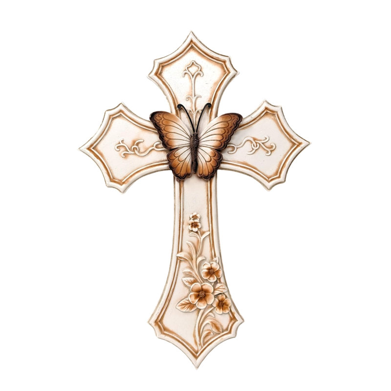 Resin Elegant Wall Cross White with Butterfly and Floral Design