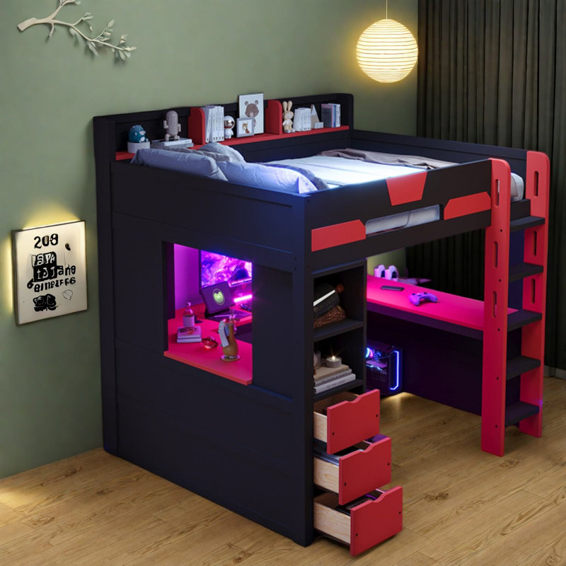 Lit moderne avec rangement, bureau de lit mezzanine en bois pour jouer à la maison