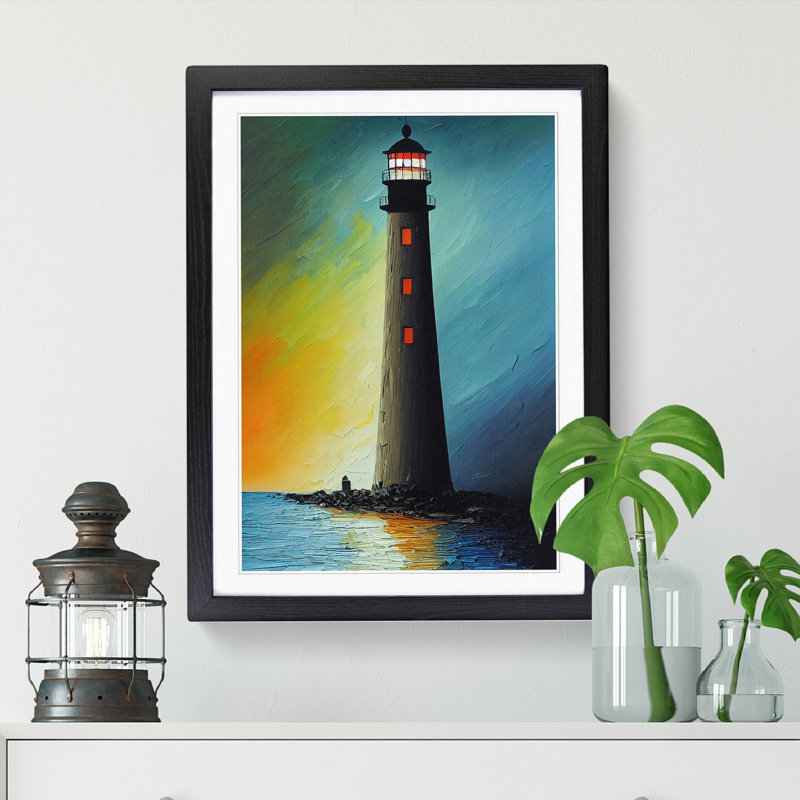 Lighthouse At Night Vol.1 - Picture Frame Print, 64cm H x 46cm W x 2cm D, Walnut