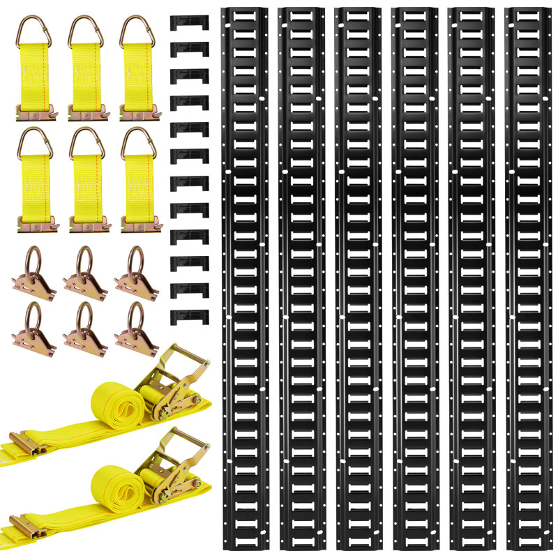 Ensemble de rail d'attache E-Track, rails E 5 pi, comprend 2 sangles à cliquet et 6 joints toriques et 6 attaches avec anneau en D et 12 embouts, convient aux garages, aux fourgonnettes et aux remorques