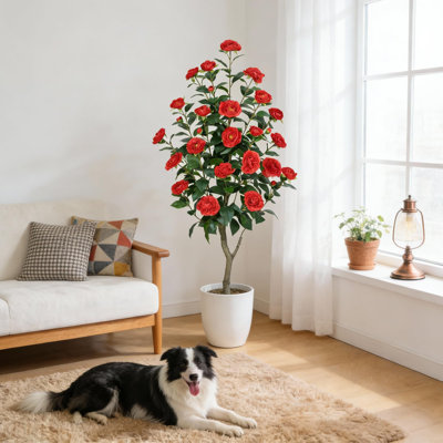 Arbre de camélia artificiel 4 pi avec fleurs en soie, plante artificielle réaliste pour la maison, le bureau, le salon, la chambre à coucher, le patio, le mariage ou un événement