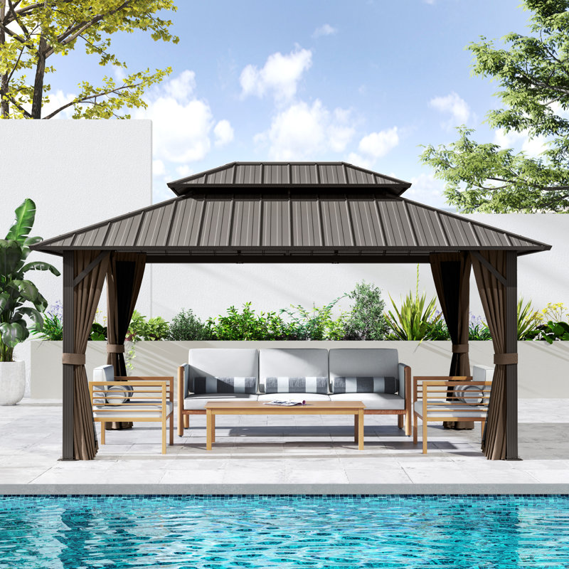 Double Roof Hardtop Metal Patio Gazebo with Curtains and Netting, Brown, Brown, 77.2"H x 168"W x 122.4"D