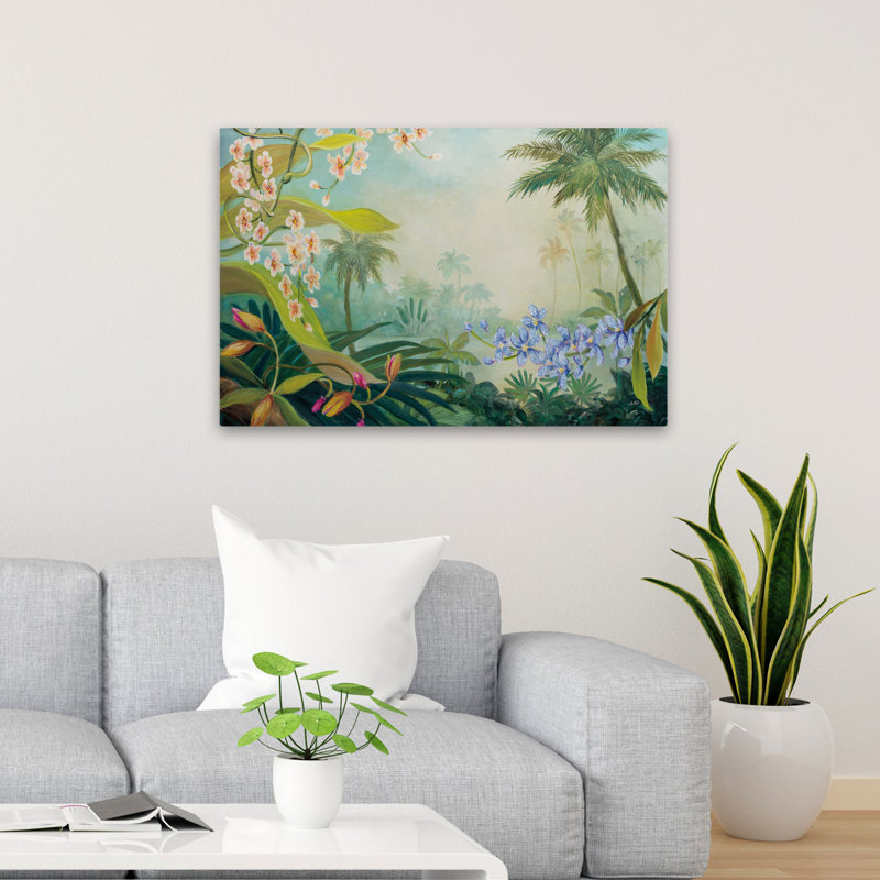 Orchidées au bord de la rivière - art floral noir, bleu et brun, 24" H x 36" W
