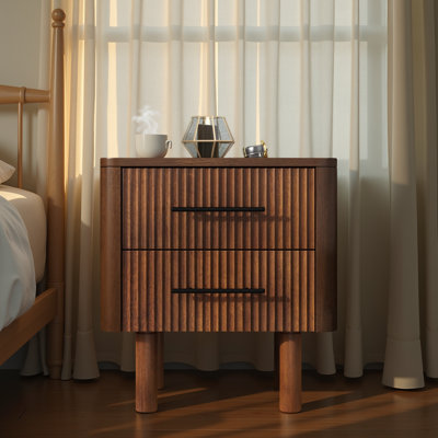 Table de chevet Mid-Century moderne en noyer - bois massif, 2 tiroirs Logan (finition noyer brun)