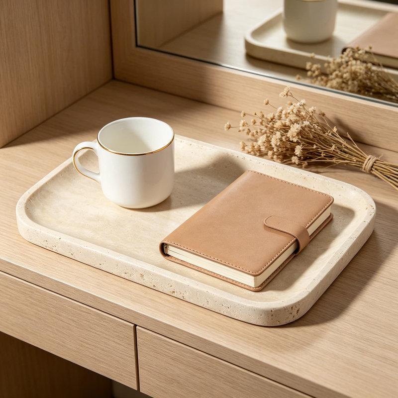 Plateau en travertin Romano, plateau de meuble-lavabo en pierre naturelle de 12 po x 8 po pour la commode de cuisine de salle de bain de comptoir, plateau décoratif en marbre pour les clés de bijoux de parfum, plateau de service rectangulaire beige