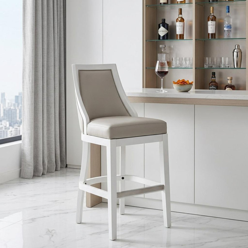 Ellis Solid Wood Upholstered Swivel Bar Stool, Bar Stool (31” Seat Height), Gray/White