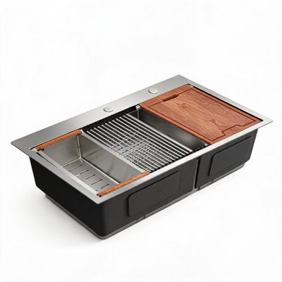 Évier de cuisine à double cuve encastré en acier inoxydable nickelé brossé de 91 cm (36 po) avec deux cuves de 25 cm (10 po) de profondeur et accessoires pour poste de travail