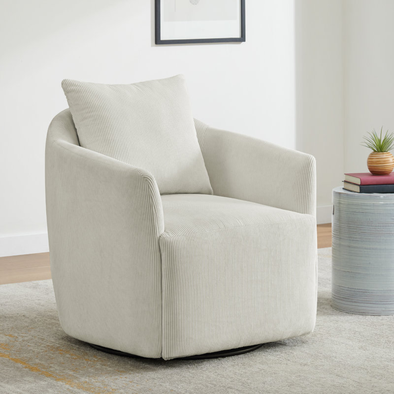 Fauteuil pivotant rembourré en velours côtelé l 30,5 po avec coussin décoratif, Velours côtelé beige