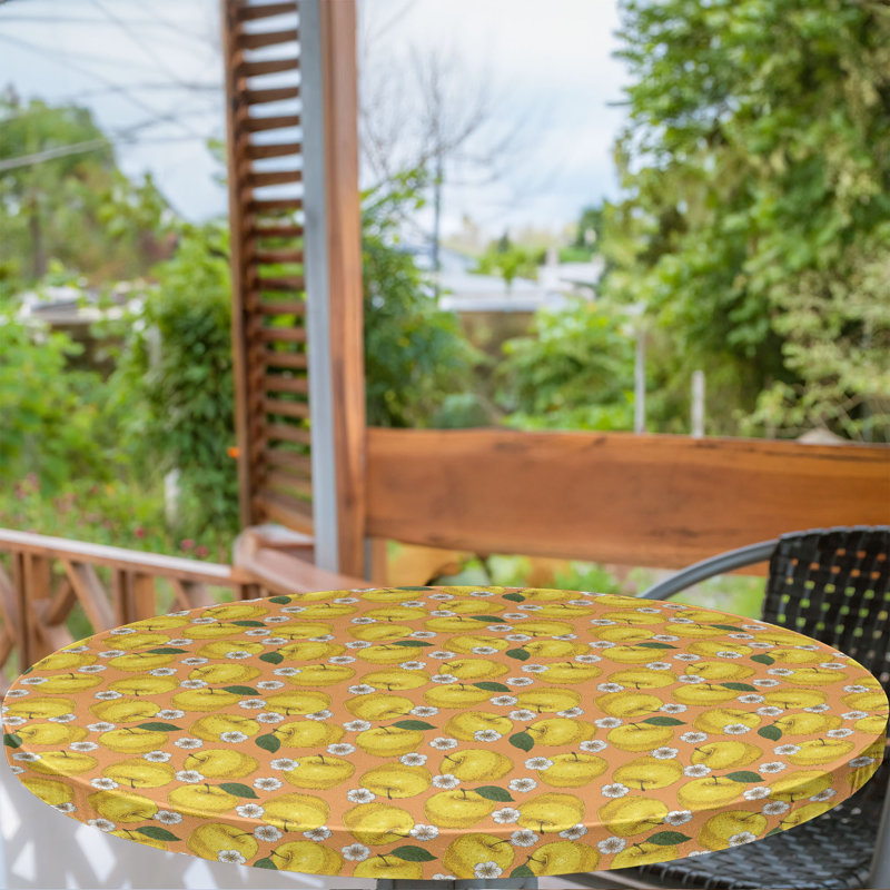 Ambesonne Spring Fitted Round Tablecloth Mustard Apricot and Emerald, 64.17" Round