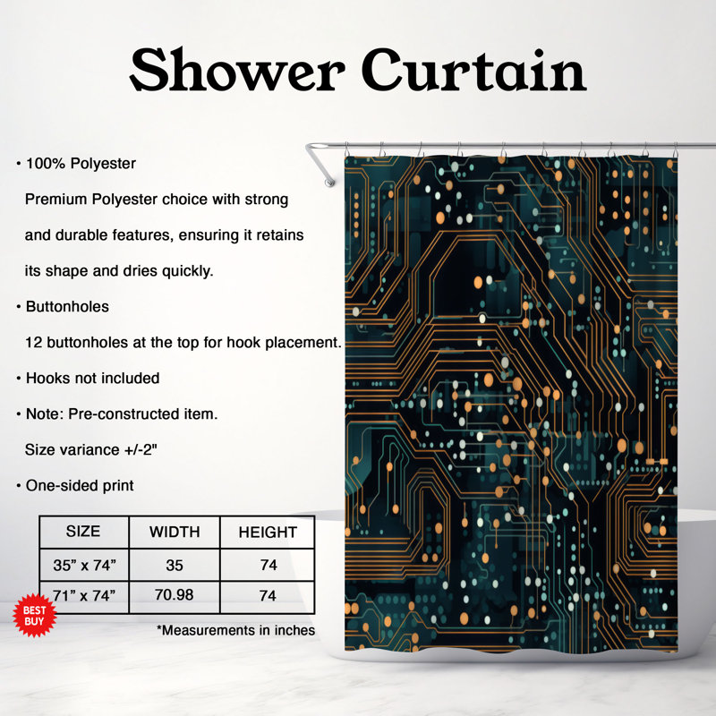 Circuitry - Rideau de douche Premium, H 74 po x l 71 po, Bleu sarcelle/bleu, Montage des circuits
