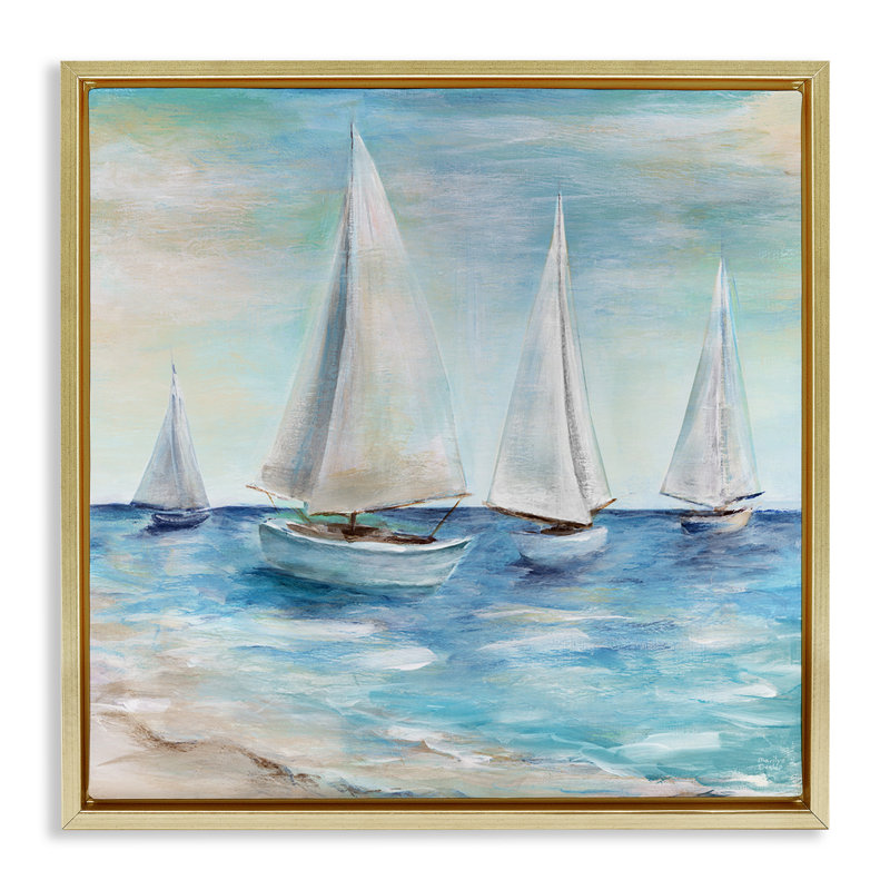 Voiliers flottant paisiblement, H 18 po x l 18 po, Cadre flottant métallique doré