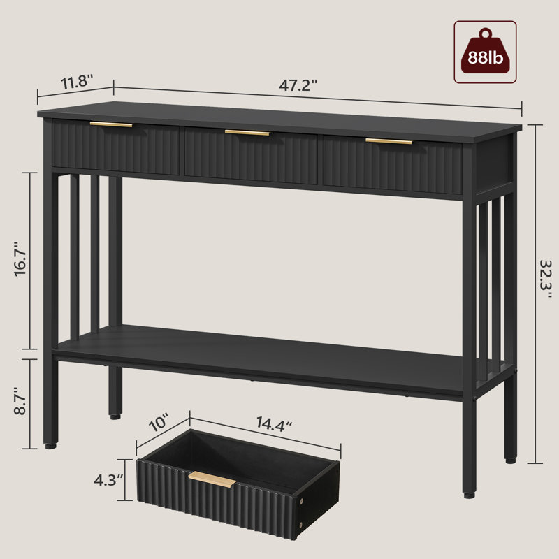 Console de 32,3 po de hauteur avec 3 tiroirs et une tablette de rangement ouverte