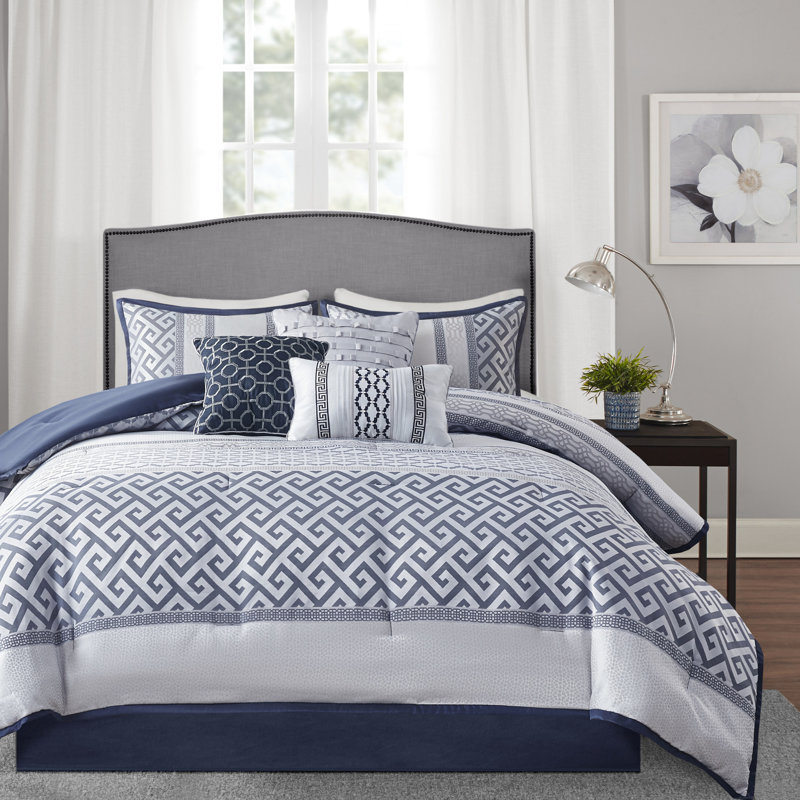 Édredon grand bleu marine 7 pièces - Jupe de lit en soie synthétique avec taies décoratives et coussins décoratifs, Marine
