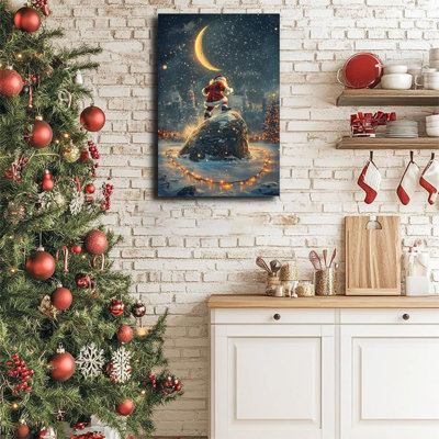 Christmas Funny Santa Claus Wall Decor,Santa Ice Skating In Snow Poster Prints,Vintage Style Christmas Pictures Art Winter Painting Artwork For Home Living Room Decor,16"X24" Framed