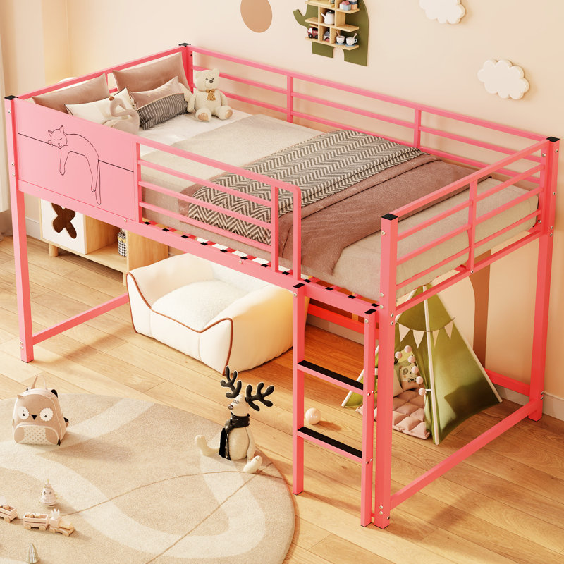 Lit de plancher rose simple en métal avec garde et caddie, sans sommier tapissier, décore le design moderne du garde-corps superposé, facile à construire
