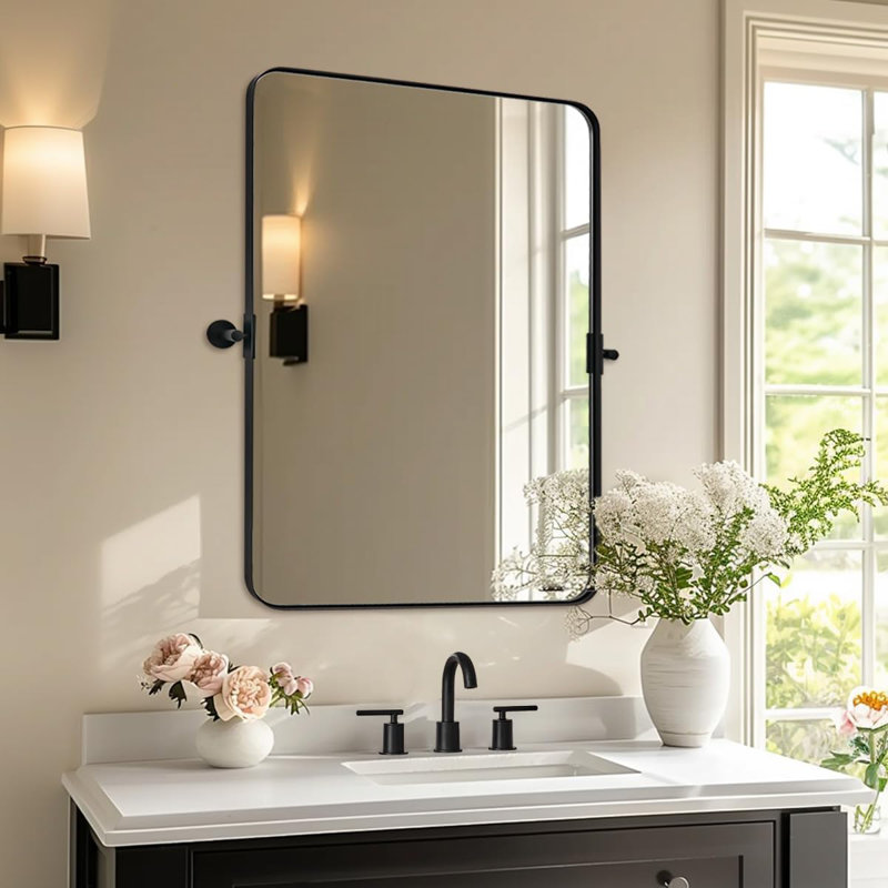 Modern Tilting Bathroom Vanity Wall Mirror | Stainless Steel Pivot Frame, Matte Black, 36" x 28"