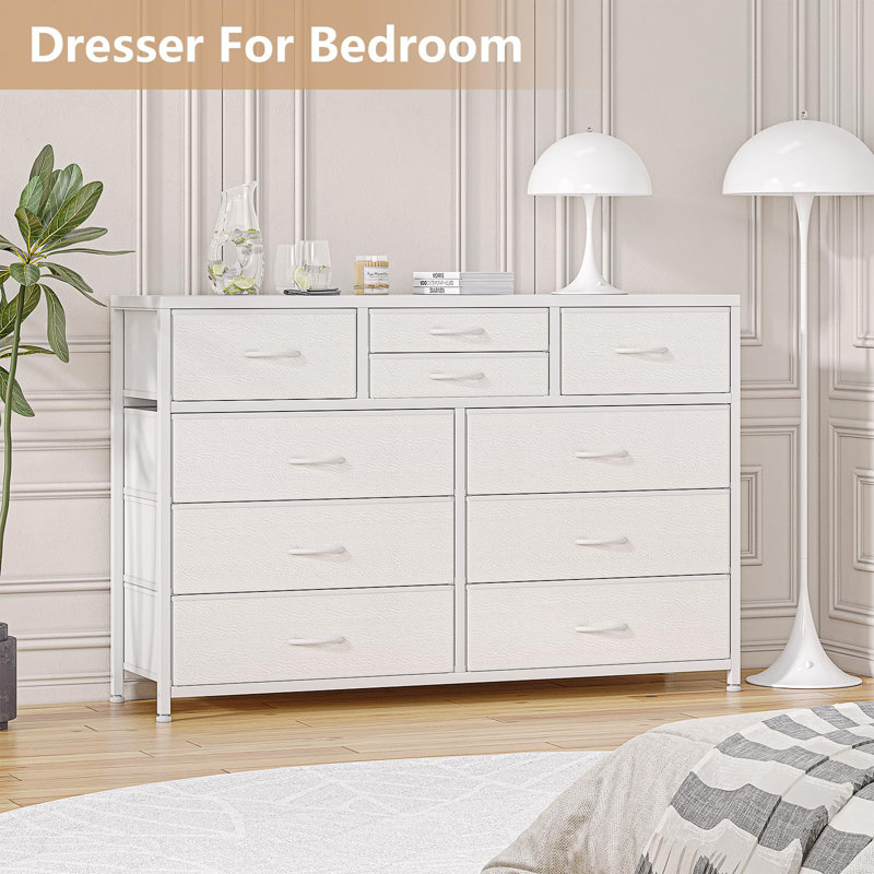 Meuble télé large avec 10 tiroirs, commode en acier avec plateau en bois, Blanc