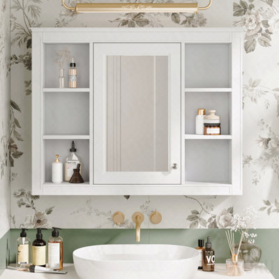 Armoire à pharmacie 35 po x 27,5 po, armoire de rangement murale pour salle de bain, armoire murale moderne avec miroir, armoire à miroir avec 6 tablettes ouvertes (meuble-lavabo non inclus)