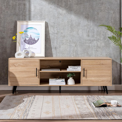 Meuble télé Mid-Century moderne - 70 po pour téléviseur 75 po, bois avec rangement, centre de divertissement pour le salon et la chambre à coucher, console multimédia, brun